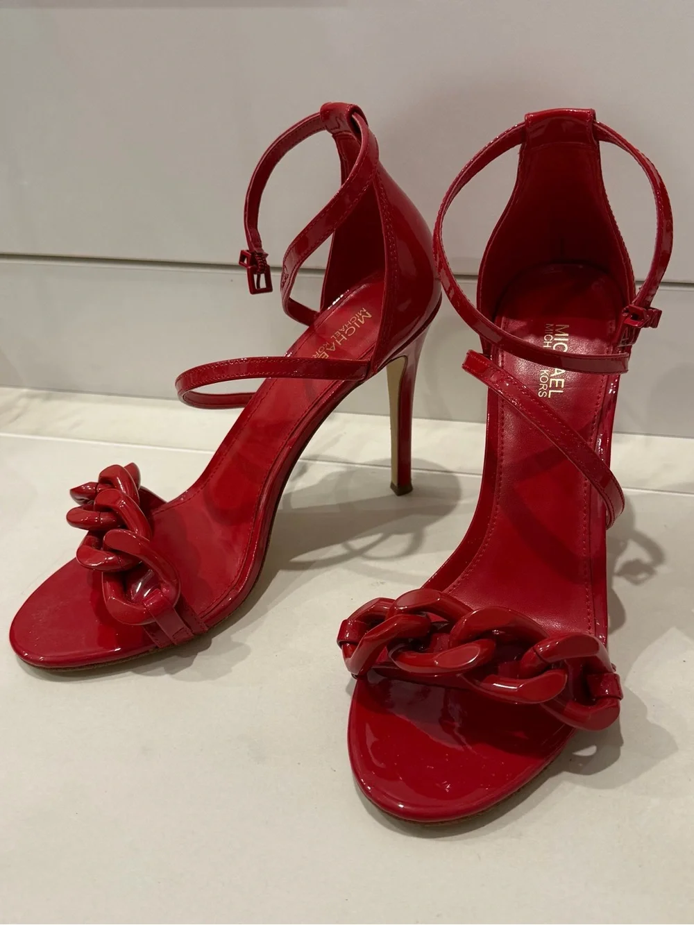Michael Kors Red Patent Chain-Front Ankle-Strap Stilettos